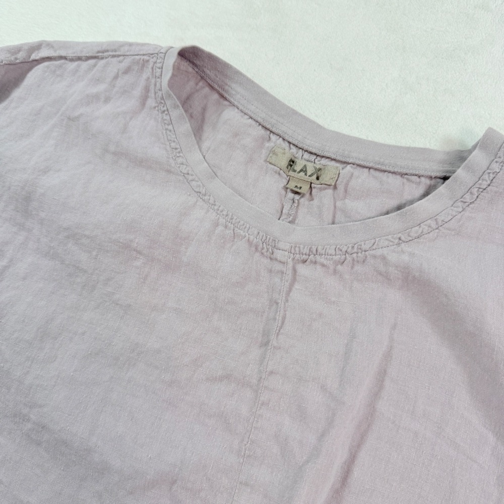 Flax Womens Linen‎ Short Sleeve Top Lavender Purple Crew Neck Ruffle Hem Size M
